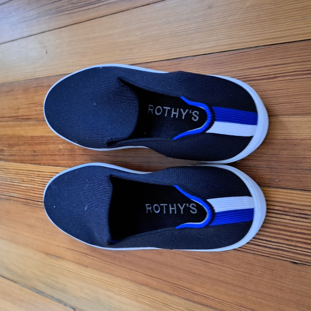 Rothy's Black and Blue Slip-On Sneakers with Minimalist Design